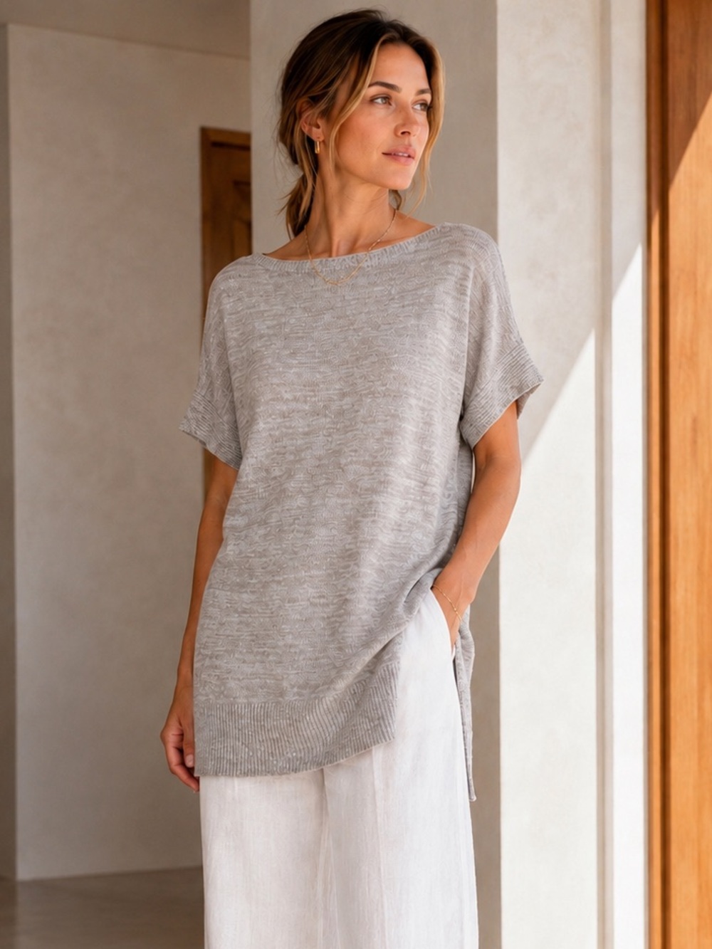 Max Mara Leisure Heathered Knit Boatneck Tunic Top Oatmeal M